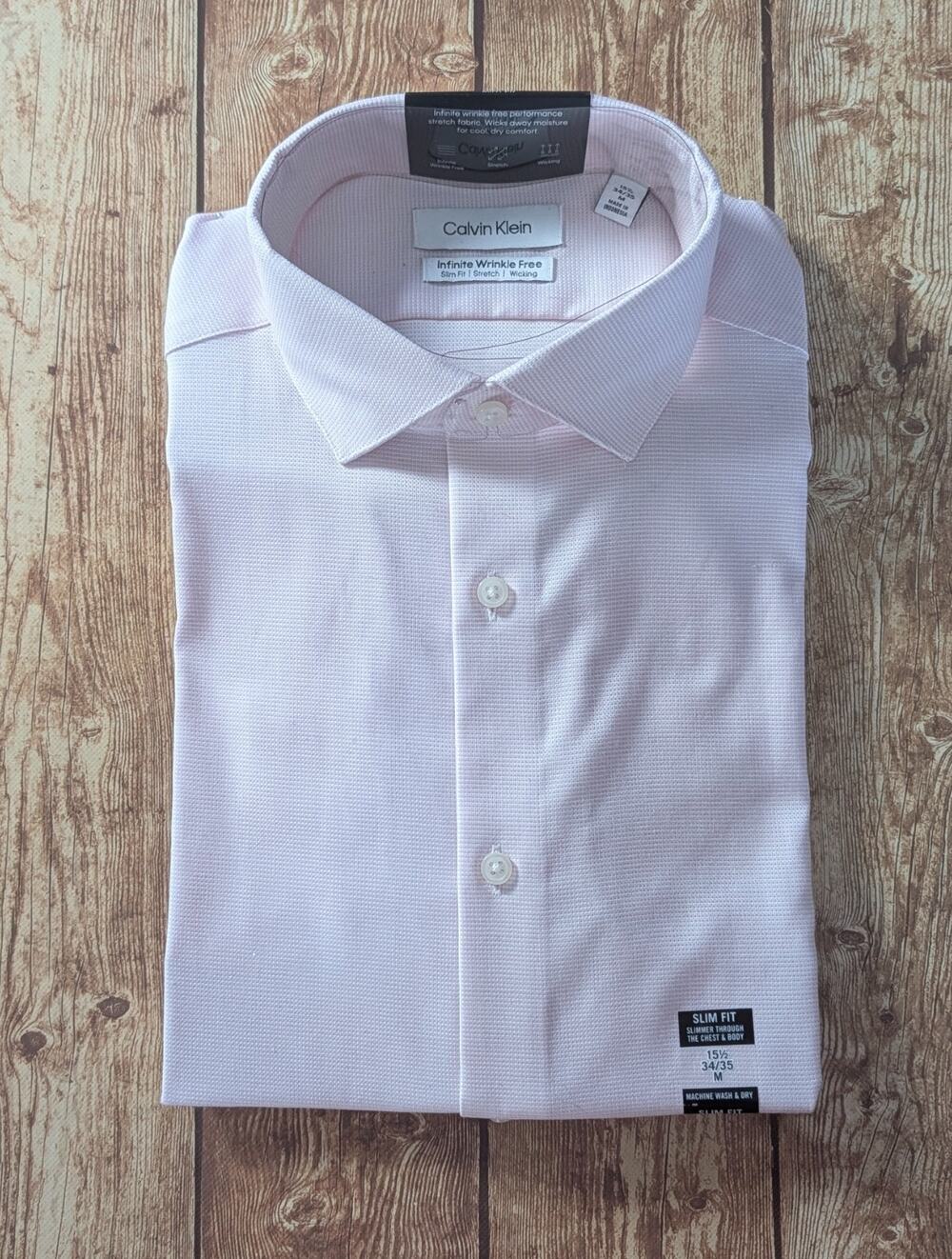Calvin Klein Dress Shirt 15.5 34/35 Med Pink Micro Check Infinite Wrinkle Free